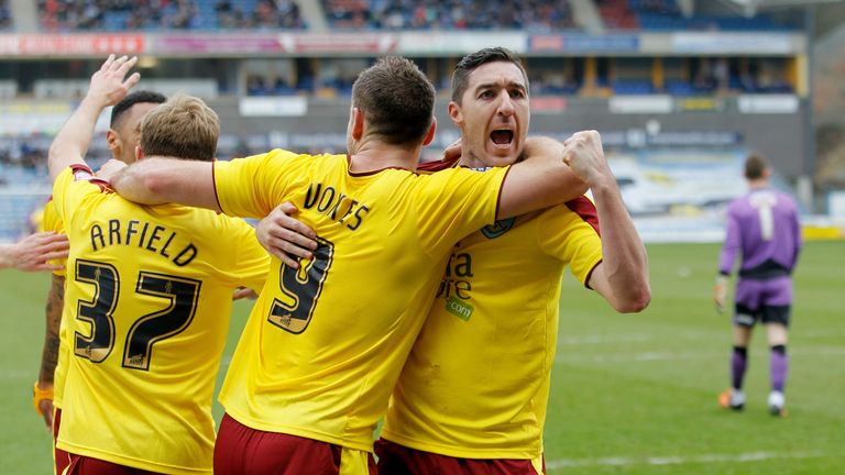 Burnley's Sam Vokes celebrates with Stephen Ward