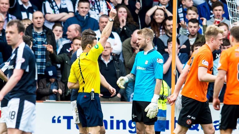Referee Steven McLean shows a red card to Dundee 'keeper Scott Bain