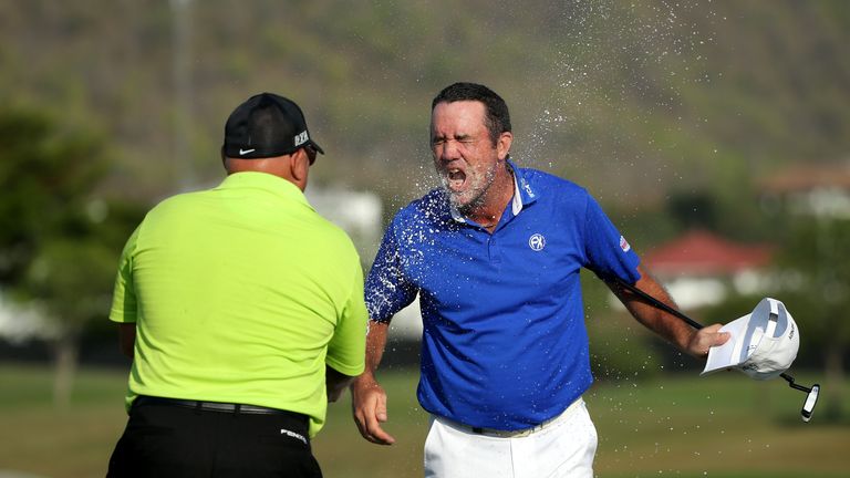 Hend gets the champagne shower after securing his second European Tour title