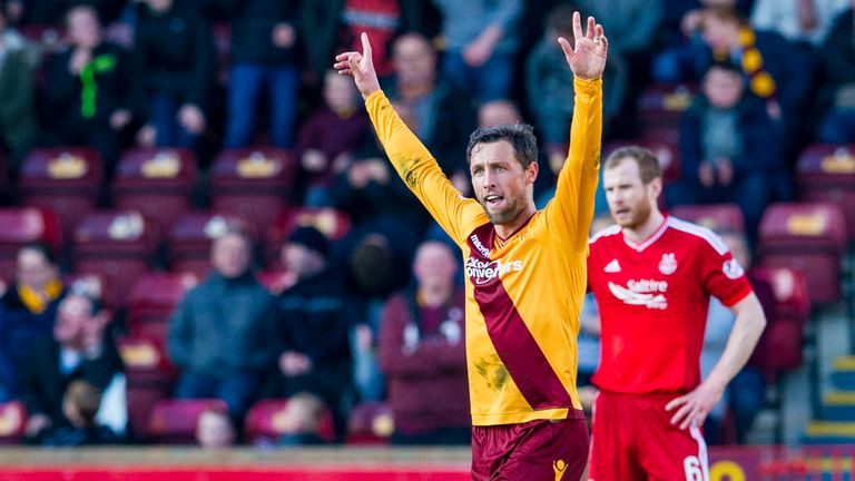Motherwell's Scott McDonald celebrates after scoring an equaliser for his side against Aberdeen