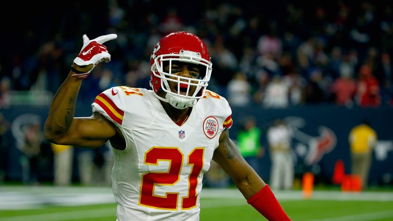 HOUSTON, TX - JANUARY 09:  Sean Smith #21 of the Kansas City Chiefs celebrates his interception against the Houston Texans in the fourth quarter during the