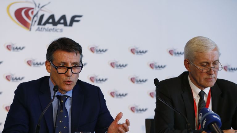 International Association of Athletics Federations (IAAF) President Sebastian Coe (L) and Rune Andersen (R) give a press conference on March 11