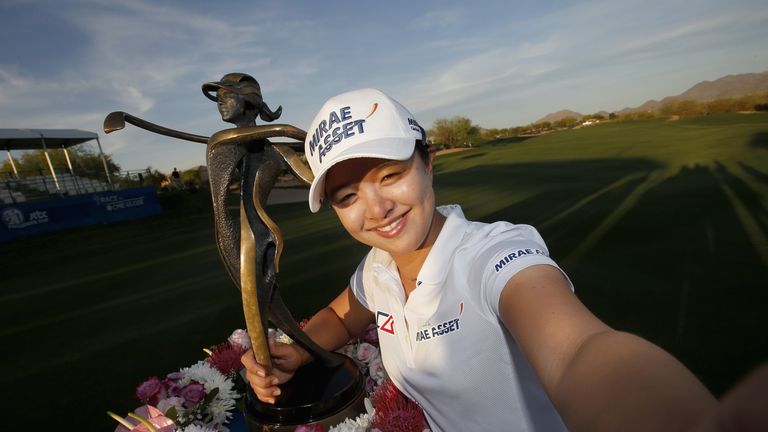 PHOENIX, AZ - MARCH 20:  Sei Young Kim of South Korea poses for a selfie with the trophy after winning the LPGA JTBC Founders Cup at Wildfire Golf Club on 