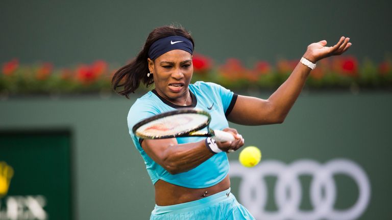 Serena Williams returns a shot to Kateryna Bondarenko of Ukraine, March 15, 2016 at the BNP Paribas Open