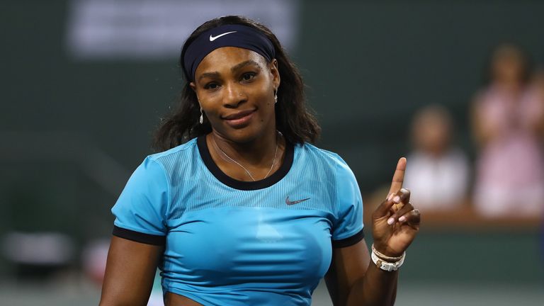 INDIAN WELLS, CA - MARCH 18:  Serena Williams of USA reacts after defeating Agnieszka Radwanska of Poland in straight sets during day twelve of the BNP Par