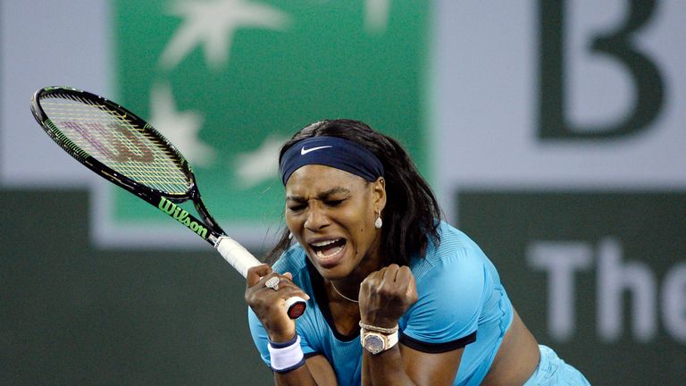 INDIAN WELLS, CA - MARCH 18: Serena Williams of the United States reacts after breaking Agnieszka Radwanska of Poland serves during the second set tie-brea