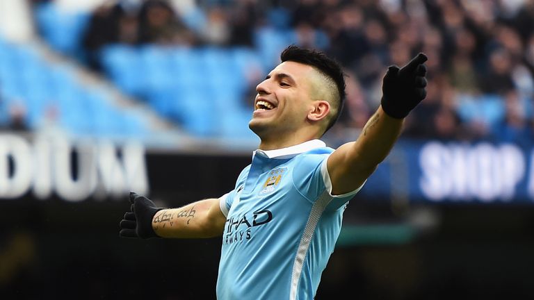 Sergio Aguero of Manchester City celebrates scoring his team's second goal
