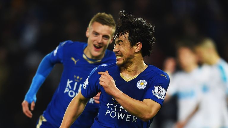 Shinji Okazaki celebrates after putting Leicester ahead