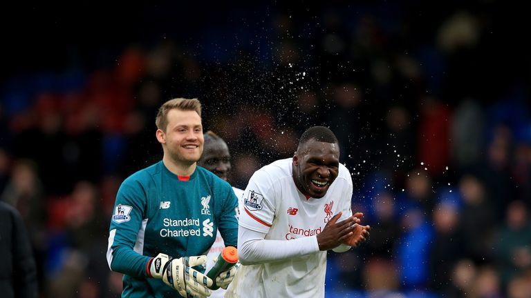 Simon Mignolet, Christian Benteke, victory celeb, Crystal Palace v Liverpool, Premier League