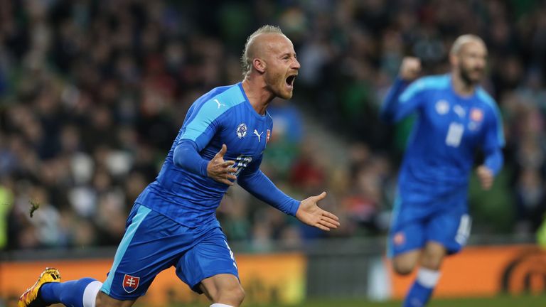 Slovakia's Miroslav Stoch celebrates scoring his side's first goal of the game during an International Friendly at the Aviva Stadium, Dublin