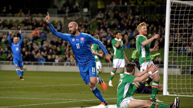 Robert Vittek of Slovakia celebrates after scoring during the international friendly match between the Republic of Ireland and