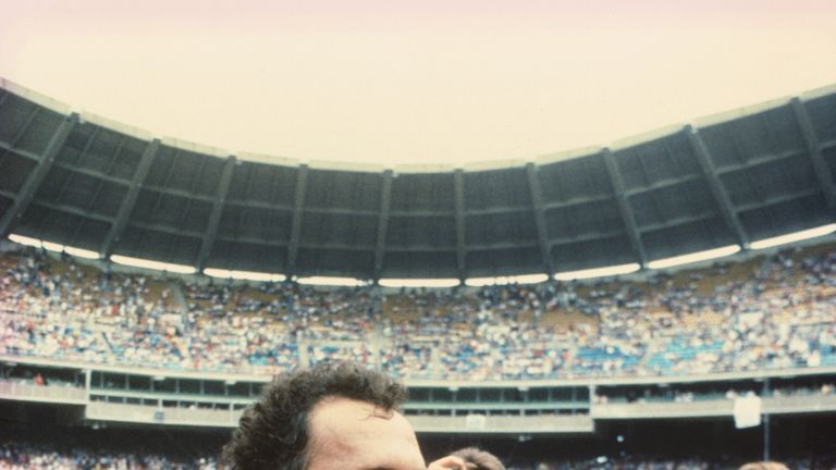 New York Cosmos player Franz Beckenbauer and Fort Lauderdale Strikers player Gerd Muller after the 1980 NASL Soccer Bowl at RFK Stadium in Washington