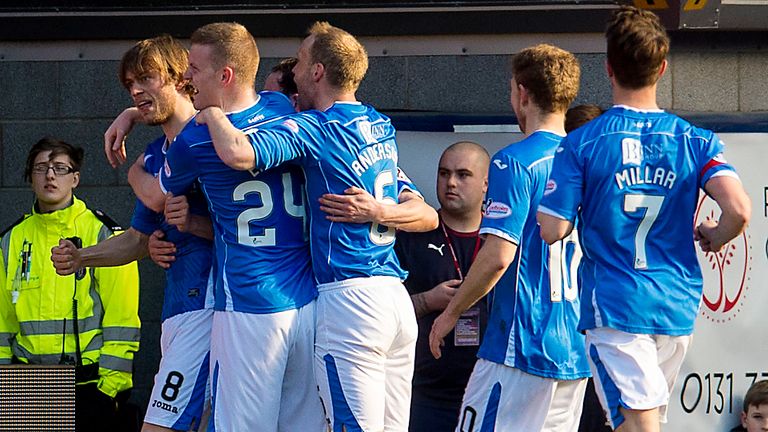 St Johnstone's Murray Davidson (left) celebrates his second goal against Hearts