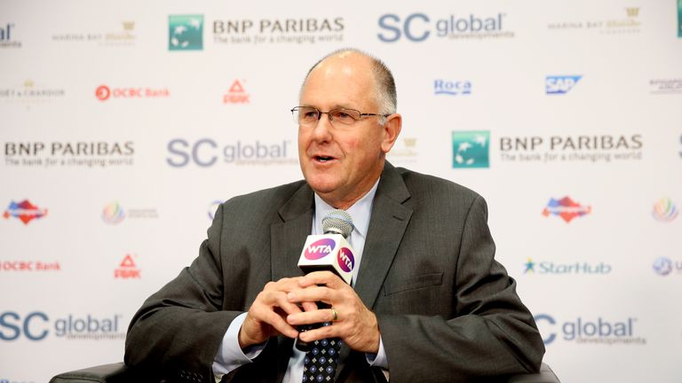 SINGAPORE - OCTOBER 26:  CEO of the WTA Steve Simon speaks at a press conference during the BNP Paribas WTA Finals at Singapore Sports Hub on October 26, 2