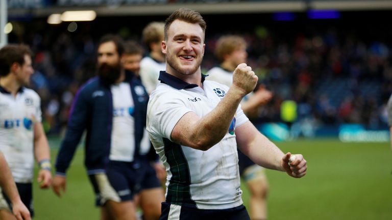 Scotland's Stuart Hogg celebrates their victory over France