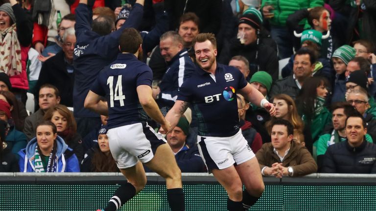 Stuart Hogg of Scotland is congratulated by teammate Tommy Seymour 