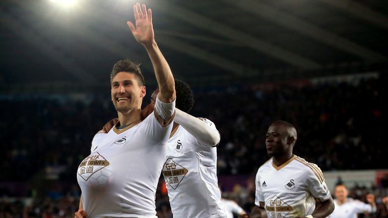 Swansea City's Federico Fernandez celebrates scoring his first goal for the club against Aston Villa