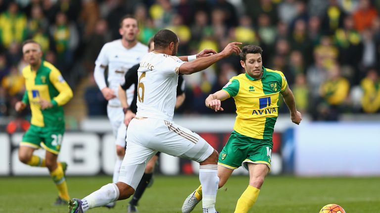 Wes Hoolahan of Norwich City and Ashley Williams of Swansea City compete for the ball during the Barclays Premier League match b