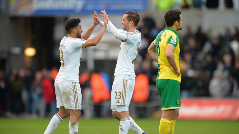 SWANSEA, WALES - MARCH 05:  Gylfi Sigurdsson (C) and Neil Taylor (L) of Swansea City celebrate their 1-0 win in the Barclays Premier League match between S