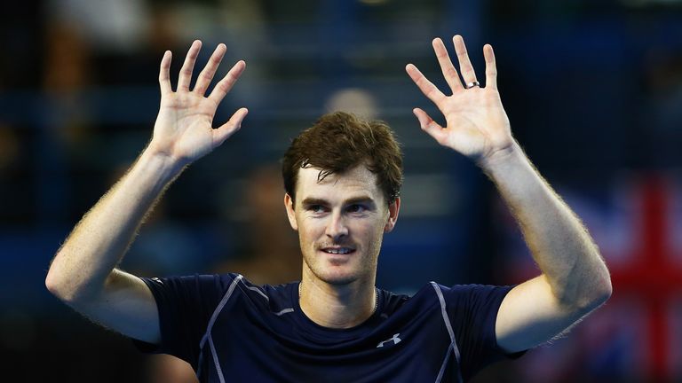 Jamie Murray celebrates victory during the doubles match against Japan on day two of the Davis Cup