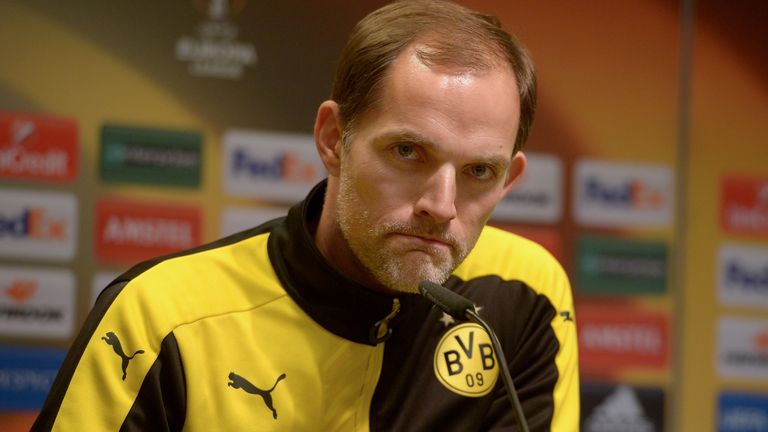 Head coach Thomas Tuchel looks on during the Borussia Dortmund press conference