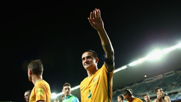 Tim Cahill salutes the fans after Australia's win against Jordan