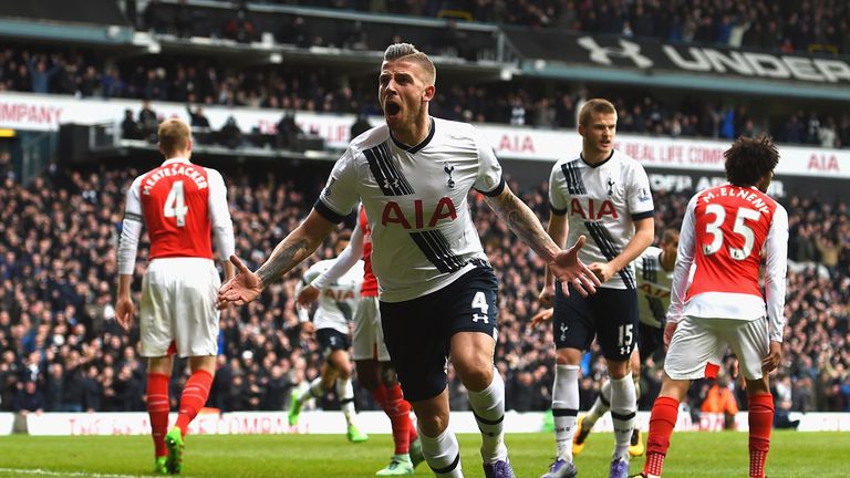 Toby Alderweireld of Tottenham Hotspur celebrates scoring his team's first goal