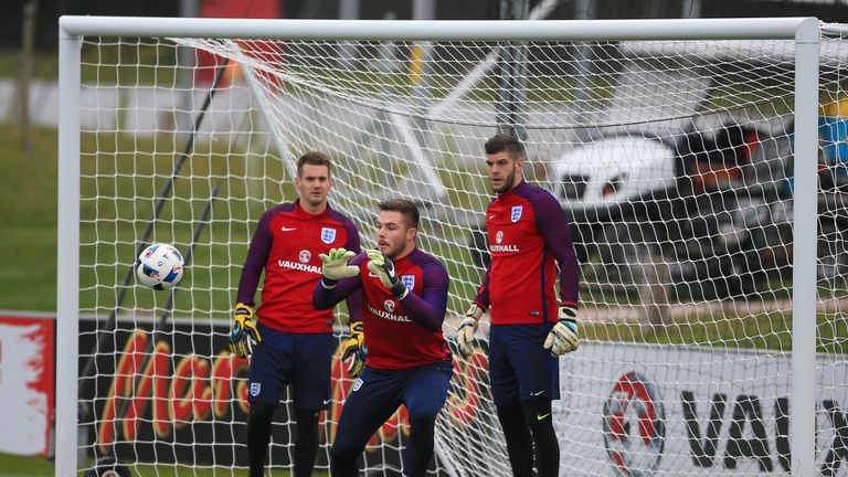 England goalkeepers (left) Tom Heaton, Jack Butland and Fraser Forster during a training session at St George's Park