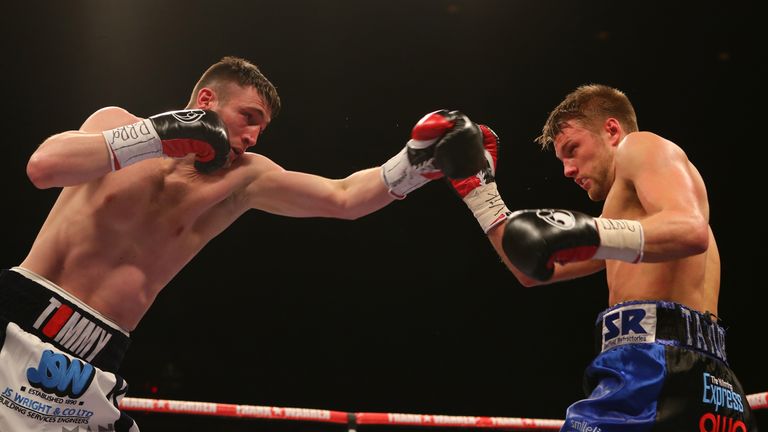 Tommy Langford and Lewis Taylor during their WBO Intercontinental and Commonwealth Middleweight bout  at the Echo Arena in Liverpool