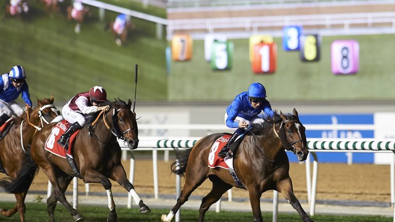 William Buick and Tryster came home fastest to win the Jebel Hatta from Farrier.
