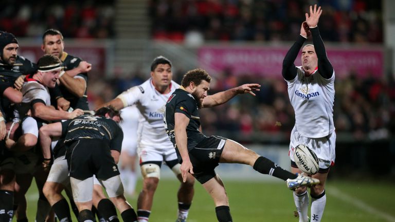 Zebre's Fabio Semenzato has his clearance charged down by Ulster's Ruan Pienaar
