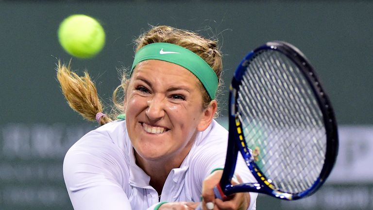 INDIAN WELLS, CA - MARCH 18:  Victoria Azarenka of Belarus hits a backhand in her match against Karolina Pliskova of the Czech Republic during day twelve o