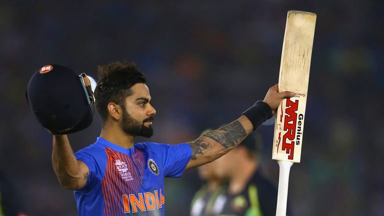 Virat Kohli of India celebrates victory during the ICC WT20 India Group 2 match between India and Australia