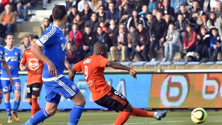 Lorient's Ghanaian forward Waris Majeed scores a goal during the French L1 football match between Lorient and Marseille