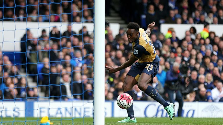 Danny Welbeck scores Arsenal's first goal against Everton at Goodison Park