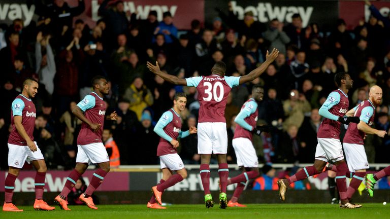 Michail Antonio celebrates after scoring West Ham's first and winning goal against Tottenham