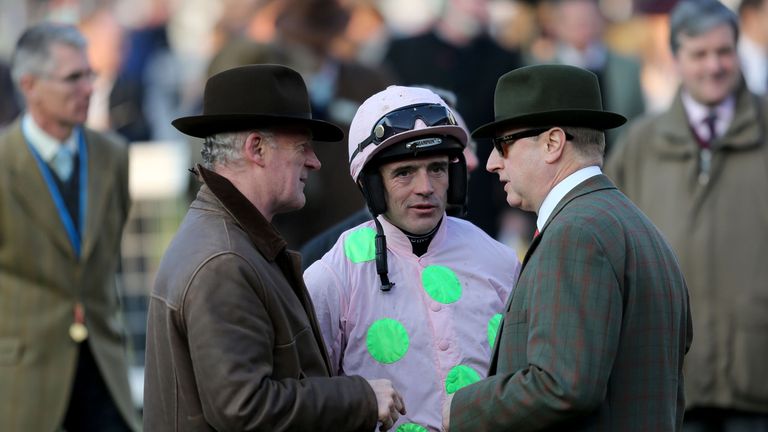 Trainer Willie Mullins (left), jockey Ruby Walsh (centre) and co-owner Rich Ricci after Limini's win in the Trull House Stud Mares' Novices' Hurdle