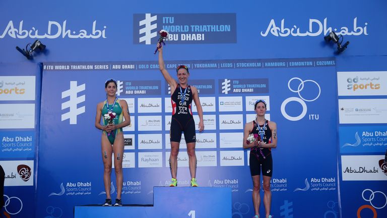 The Abu Dhabi podium (l-r): Ashley Gentle, Jodie Stimpson and Helen Jenkins