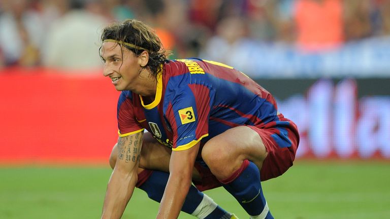 BARCELONA, SPAIN - AUGUST 25:  Zlatan Ibrahimovic of Barcelona gets up during the Joan Gamper Trophy match between Barcelona and AC Milan at Camp Nou stadi