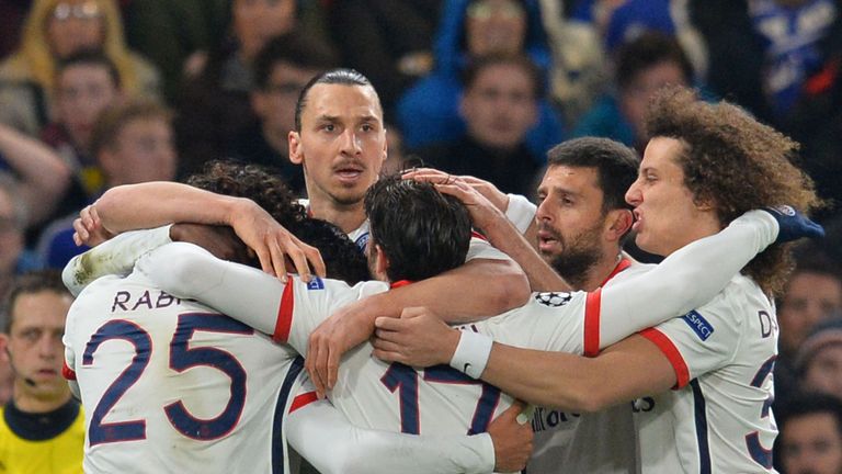 Zlatan Ibrahimovic celebrates with his Paris Saint-Germain team-mates