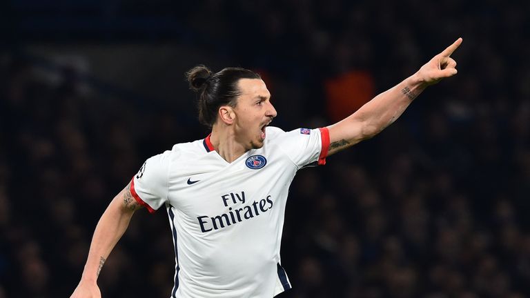 Paris Saint-Germain forward Zlatan Ibrahimovic celebrates scoring his team's second goal against Chelsea