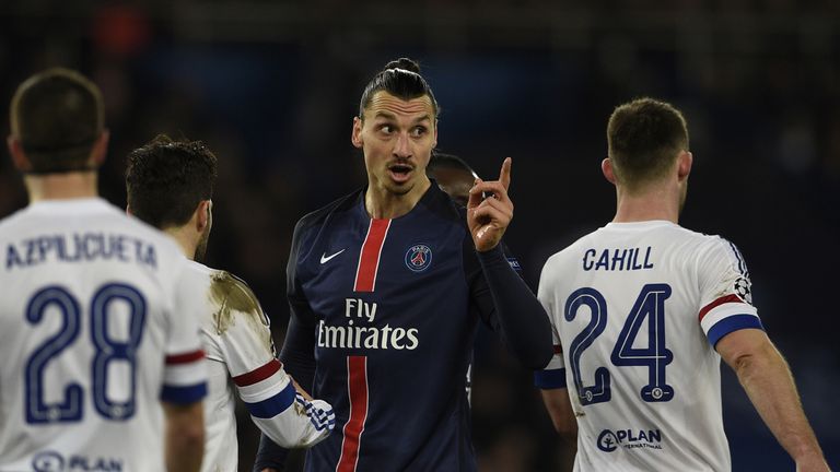 Paris Saint-Germain forward Zlatan Ibrahimovic (C) reacts