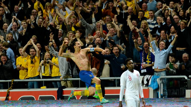 Sweden's striker and team captain Zlatan Ibrahimovic celebrates after scoring his 4th goal during the FIFA World Cup 2014 friendly match England vs Sweden 