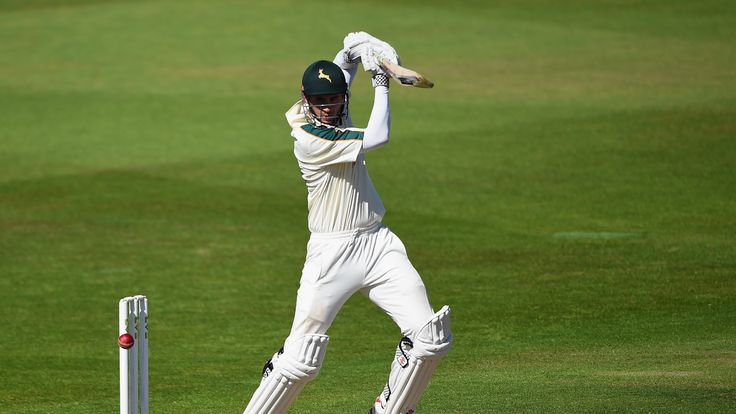 Alex Hales of Nottinghamshire hits out during day two of the LV County Championship match between Nottinghamshire and Worcestershire at Trent Bridge