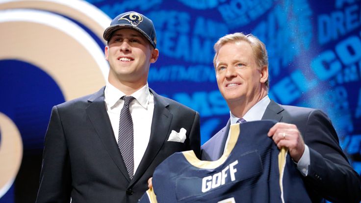 CHICAGO, IL - APRIL 28:  (L-R) Jared Goff of the California Golden Bears holds up a jersey with NFL Commissioner Roger Goodell after being picked #1 overal