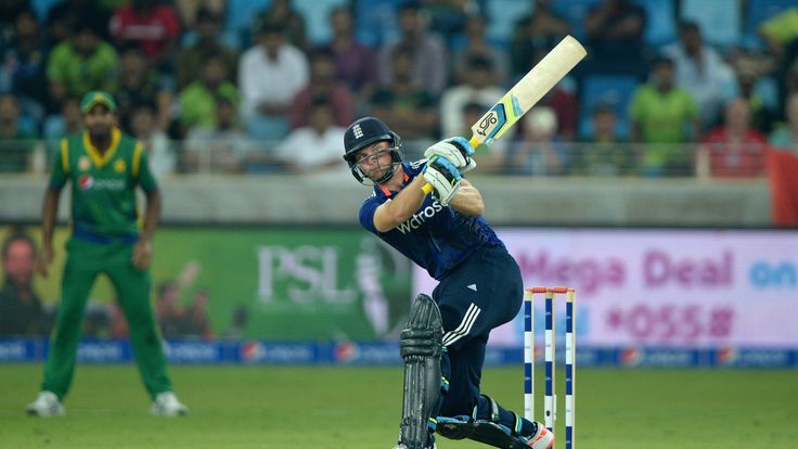 Jos Buttler of England hits out for six runs during the 4th One Day International between Pakistan and England at Dubai Cricket Stadium
