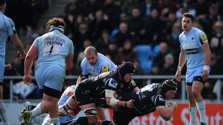 EXETER, ENGLAND - APRIL 02: Thomas Waldrom of Exeter Chiefs goes over for his sides fourth try during the Aviva Premiership match between Exeter Chiefs and