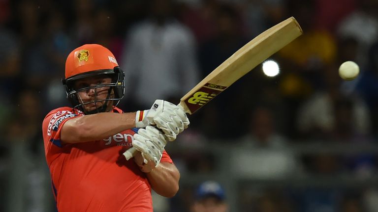 Gujarat Lions Aaron Finch hits the winning runs during the 2016 Indian Premier League(IPL) Twenty20 cricket match between Gujarat Lions and Mumbai Indians