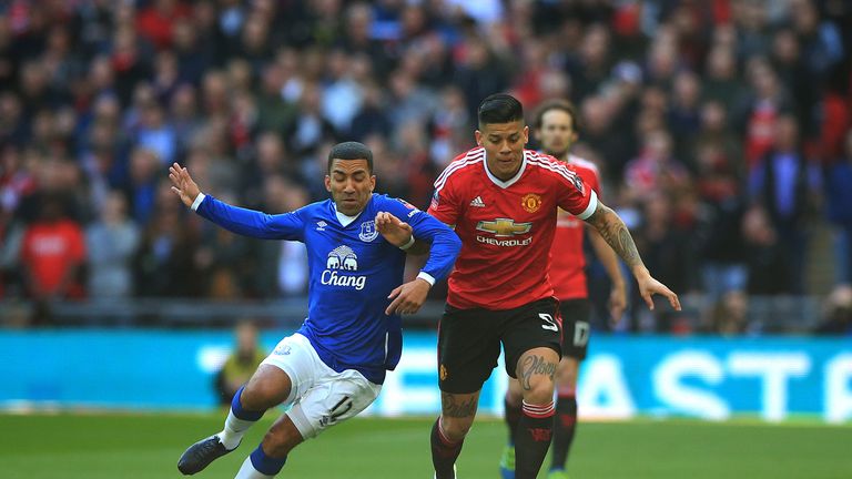 Everton's Aaron Lennon (left) and Manchester United's Marcos Rojo battle for the ball during the Emirates FA Cup