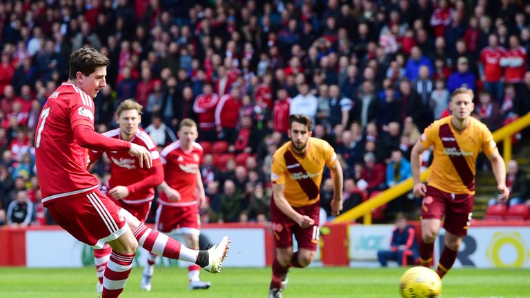 Aberdeen's Kenny McLean (left) converts a penalty to give his side the lead against Motherwell